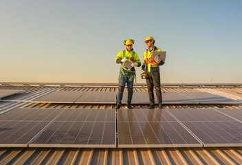Front view of two Caucasian technician workers stand on rooftop and discuss about the maintenance...