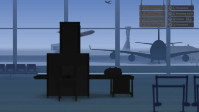 In the frame of the airport with a waiting room. A woman in the silhouette puts her luggage on the tape through an X ray scanner, it has not passed. Then the guards came, they had a conflict