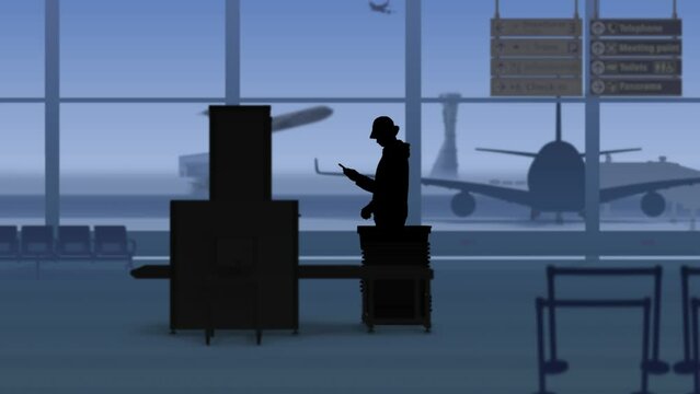 There is an airport with a waiting room. The man in the silhouette puts his belongings on the X ray tape of the scanner, which interferes with passage, he takes off the belt and passes on