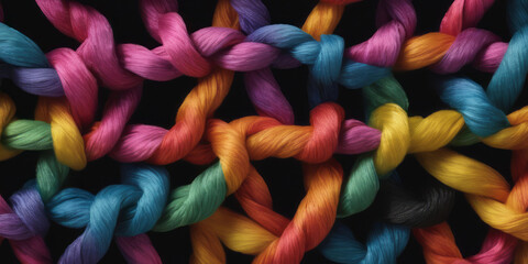 Colorful various ropes are woven into a knot. Teamwork concept. - obrazy, fototapety, plakaty