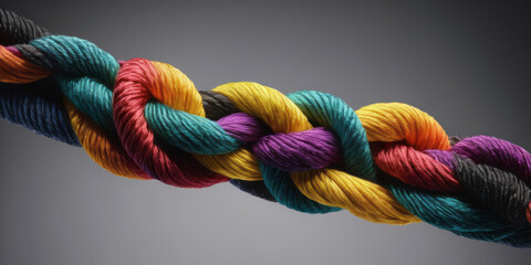 Colorful various ropes are woven into a knot. Teamwork concept. - obrazy, fototapety, plakaty