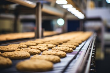 Chocolate Chip Cookies on Conveyor Belt in Food Factory - obrazy, fototapety, plakaty