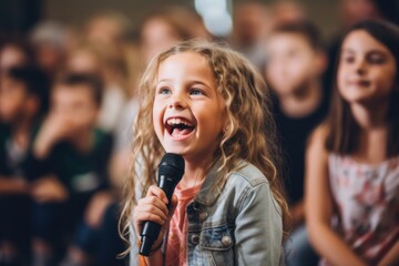 Fototapeta premium Young girl singing at school talent show