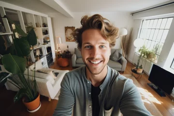 Fotobehang Smiling young man taking a selfie at home © Vorda Berge