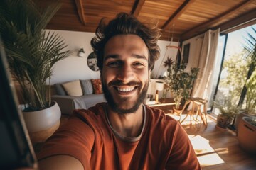 Smiling young man taking a selfie at home - obrazy, fototapety, plakaty