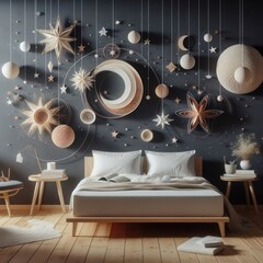 Modern minimalistic bedroom, magical cosmic galaxies