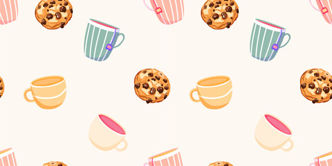 Cute seamless pattern with tea cups and chocolate chip cookies. Vector hand-drawn illustration in doodle style. Perfect for print, menu, wrapping paper, wallpaper, various designs.	