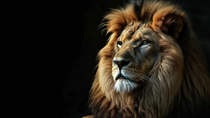 Majestic Lion staring on black background, motivational quote inspirational male grind post, Stoicism stoic hard men mentality philosophy philosopher, copy space for quotation text