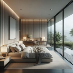 Modern villa's bedroom features a minimalist design with sleek furniture