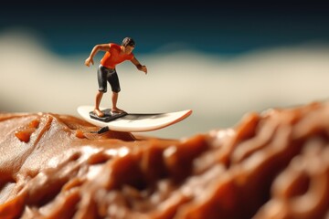Mini Surfing Toy on a Big Wave. Beach concept small toy scene with macro photo miniature of a tiny surfing toy catching a big wave.