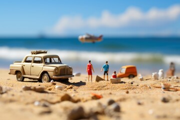Fototapeta na wymiar Beach Bliss: Miniature Scene of Relaxation with a Toy Car and Mini Figures. Beach concept small toy scene with macro photo miniature of a tiny beach relaxation scene.