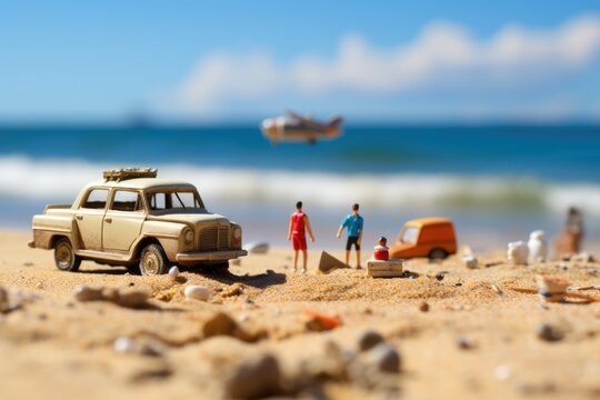 Beach Bliss: Miniature Scene of Relaxation with a Toy Car and Mini Figures. Beach concept small toy scene with macro photo miniature of a tiny beach relaxation scene.