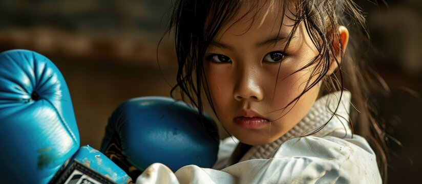Karate uniform-clad girl with blue boxing glove