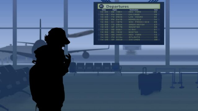 The frame shows an airport with a waiting room. Then appears a man in silhouette who is talking to someone on the phone, he came alone. In his background is a runway on which airplanes are taking off