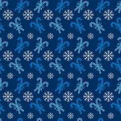 Blue and White Peppermint Candy Cane Stick with Snowflakes Vector Seamless Pattern. Festive Xmas Wrapping Paper or Scrapbook