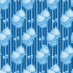 Blue and White Muffin Biscuits Sketch Sweet Cookies, Pine Tree Cookies Cake Vector Seamless Pattern. Festive Xmas Wrapping Paper or Scrapbook