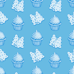 Blue and White Muffin Biscuits Sketch Sweet Cookies, Pine Tree Cookies Cake Vector Seamless Pattern. Festive Xmas Wrapping Paper or Scrapbook