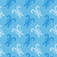 Blue and White Peppermint Candy Cane Stick with Bow Vector Seamless Pattern. Festive Xmas Wrapping Paper or Scrapbook