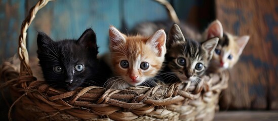 Five kittens of various colors in a basket carrier, peeking out. - obrazy, fototapety, plakaty