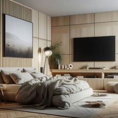 Modern villa's bedroom features a minimalist design with sleek furniture