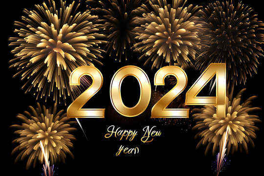 Golden Happy New Year 2024, Merry Christmas fireworks HD wallpaper background
