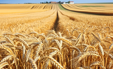 Golden wheat fields against a blue sky - obrazy, fototapety, plakaty