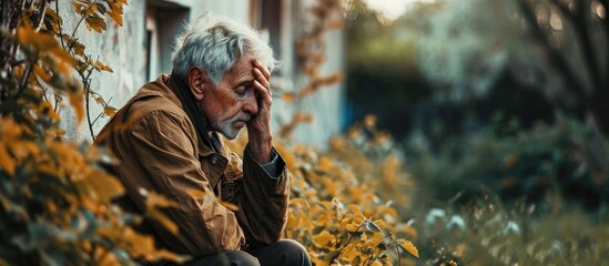 Elderly individual feeling down and losing memory outside.