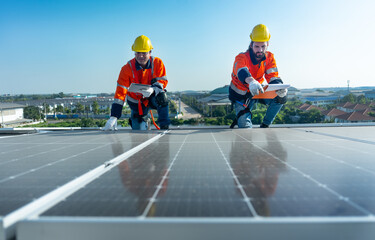 Front view of two Caucasian workers hold document pad and tablet check and maintenance the solar...