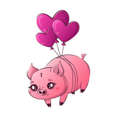 Kawaii pig flies with heart-shaped balloons. Cute animals for Valentine's Day