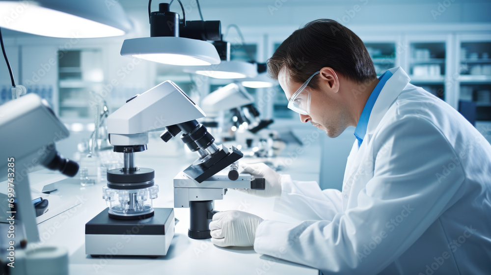 Poster scientist using a microscope in a laboratory setting