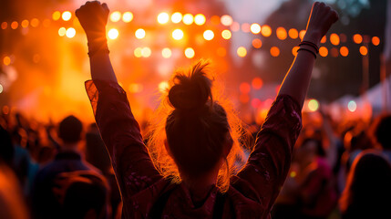 Female festival goer with arms raised, standing in a crowd at a concert or summer music festival.
