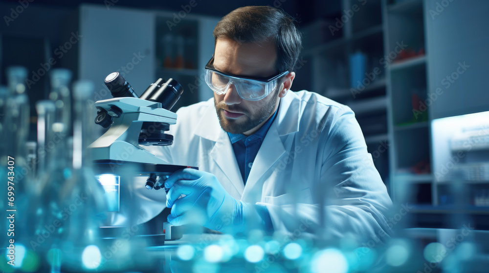Poster scientist using a microscope in a laboratory setting