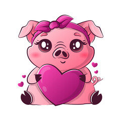 Kawaii pig holding a big heart. Cute animals for Valentine's Day.