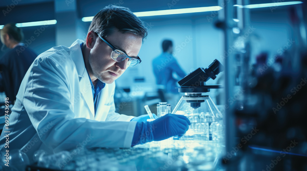 Poster scientist using a microscope in a laboratory setting
