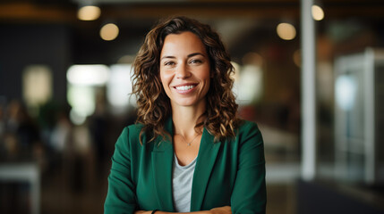 Obraz premium Woman with curly hair and a confident smile, standing with her arms crossed in an office environment.