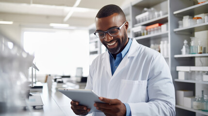 Smiling male scientist with curly hair and glasses is holding a tablet and standing in a modern laboratory - obrazy, fototapety, plakaty