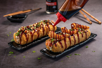 Fried Sushi Roll Brazilian style. Sushi dog.