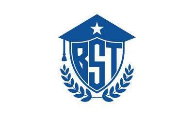 BST three letter iconic academic logo design vector template. monogram, abstract, school, college, university, graduation cap symbol logo, shield, model, institute, educational, coaching canter, tech