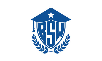 BSW three letter iconic academic logo design vector template. monogram, abstract, school, college, university, graduation cap symbol logo, shield, model, institute, educational, coaching canter, tech