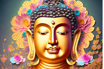 Golden Asian Buddha with Paper Art Flowers in the background, friendly face