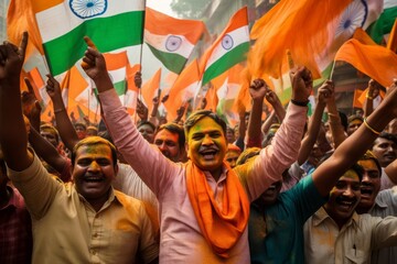 Indian people celebrating India's independence in the streets with flags and covered in color - obrazy, fototapety, plakaty