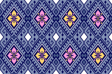 Geometric Ethnic Floral Seamless Pattern in Pixel Art Style.  Vector design for fabric, tile, carpet, wrapping, embroidery, wallpaper, and background