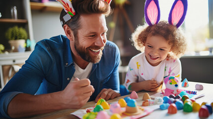 Portrait of a man and a young child with bunny ears, smiling and engaging in Easter festivities, likely painting Easter eggs - obrazy, fototapety, plakaty