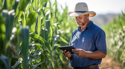 Man using a tablet in a cornfield, likely engaged in modern agricultural management or research.