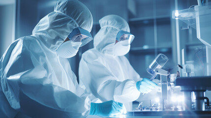 Two scientists in full protective suits, including masks and gloves, are conducting research in a high-tech laboratory environment, using microscopes and other scientific equipment.