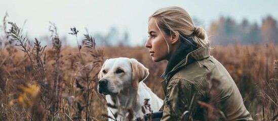 A young woman and her white labrador retriever in field training.