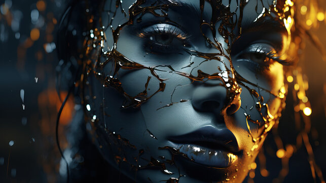 A Woman's Face Depicted in Cracked Cement, Infused with Elements of Gold