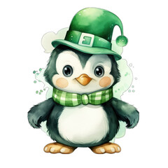 Penguin dressed as a St patricks day leprechaun, watercolor style. Transparent background