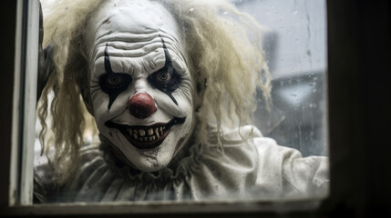 Evil ghost clown looking in window - obrazy, fototapety, plakaty