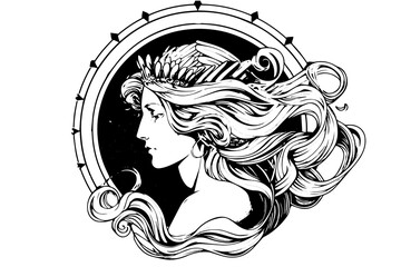 Aphrodite head hand drawn ink sketch. Engraved style vector illustration